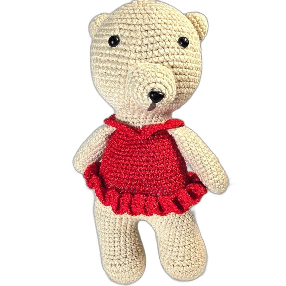 Crochet Teddy Bear Amigurumi Plush Toy Red Dress Beige Tan 12" Handmade
